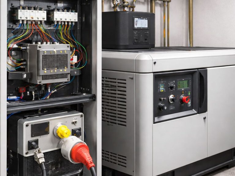 Ersatzstromanlage mit Umschalt- und Versorgungstechnik Moderne Ersatzstromanlage mit geöffneter Schalttechnik, Verkabelung und Notstromaggregat in einem Technikraum